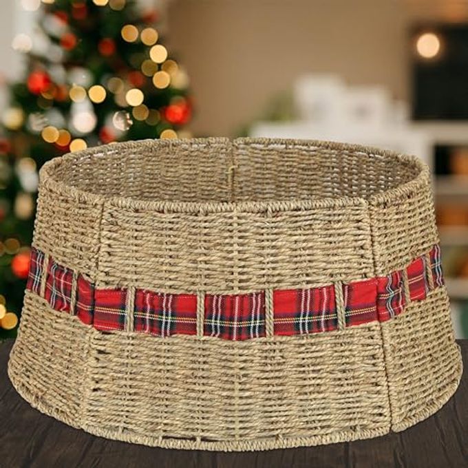 Blissun Christmas Tree Collar, Rattan Farmhouse Christmas Tree Ring, Natural Woven Rustic Christmas Tree Skirt (Plaid, Large) - Image 4