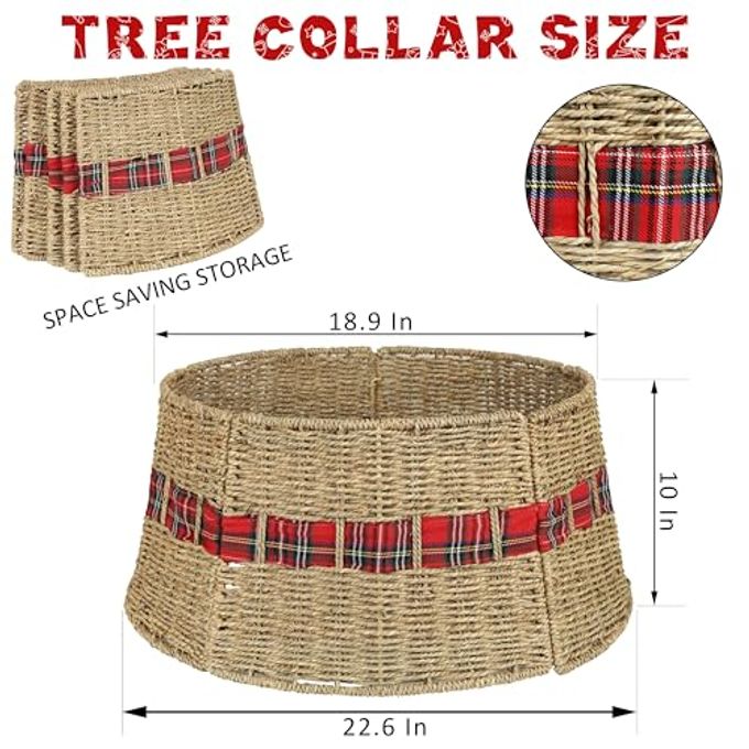 Blissun Christmas Tree Collar, Rattan Farmhouse Christmas Tree Ring, Natural Woven Rustic Christmas Tree Skirt (Plaid, Large) - Image 5
