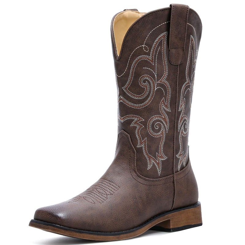 IUV Cowboy Boots For Women Square Toe Wide Western Boots Mid Calf Cowgirl Boots Pull On Fashion Embroidered Cowboy Boots - Image 1