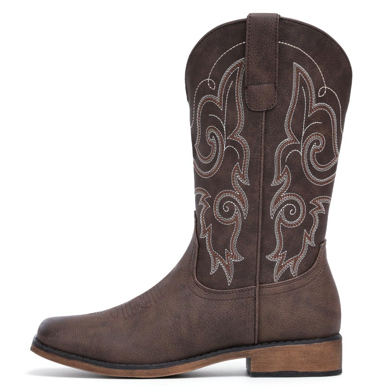 IUV Cowboy Boots For Women Square Toe Wide Western Boots Mid Calf Cowgirl Boots Pull On Fashion Embroidered Cowboy Boots - Image 4