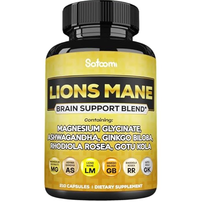 Satoomi Lions Mane Supplement Capsules with Magnesium with Ashwagandha Root, Ginkgo Biloba, Rhodiola Rosea and Gotu Kola - 210 Vegan Capsules - Support Brain Health, Positive Mood & Energy Production - Image 1