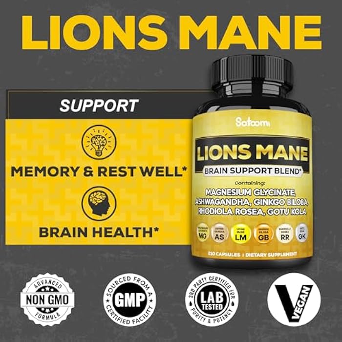 Satoomi Lions Mane Supplement Capsules with Magnesium with Ashwagandha Root, Ginkgo Biloba, Rhodiola Rosea and Gotu Kola - 210 Vegan Capsules - Support Brain Health, Positive Mood & Energy Production - Image 2