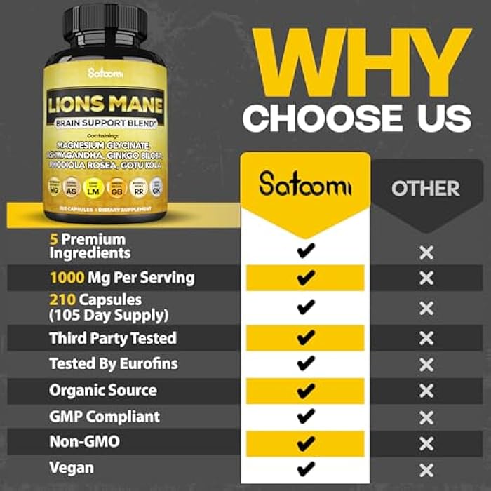 Satoomi Lions Mane Supplement Capsules with Magnesium with Ashwagandha Root, Ginkgo Biloba, Rhodiola Rosea and Gotu Kola - 210 Vegan Capsules - Support Brain Health, Positive Mood & Energy Production - Image 4