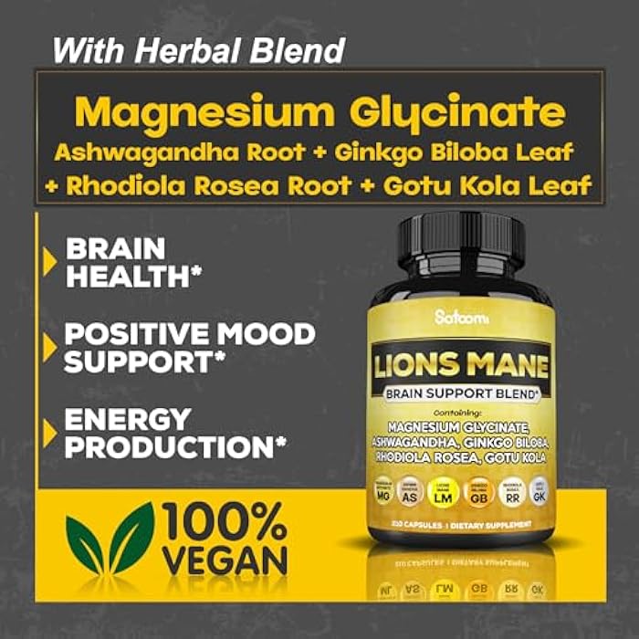 Satoomi Lions Mane Supplement Capsules with Magnesium with Ashwagandha Root, Ginkgo Biloba, Rhodiola Rosea and Gotu Kola - 210 Vegan Capsules - Support Brain Health, Positive Mood & Energy Production - Image 3