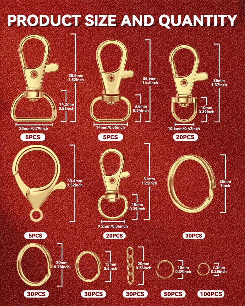 FIVEIZERO 325PCS FIVEIZERO Keychain Making Kit - Keychain Clips with Key Ring, Lobster Claw Clasp, Swivel Snap Hook, Jumprings & Extender Chain for Crafts, DIY Projects & Purse Making Supplies (Gold) - Image 2