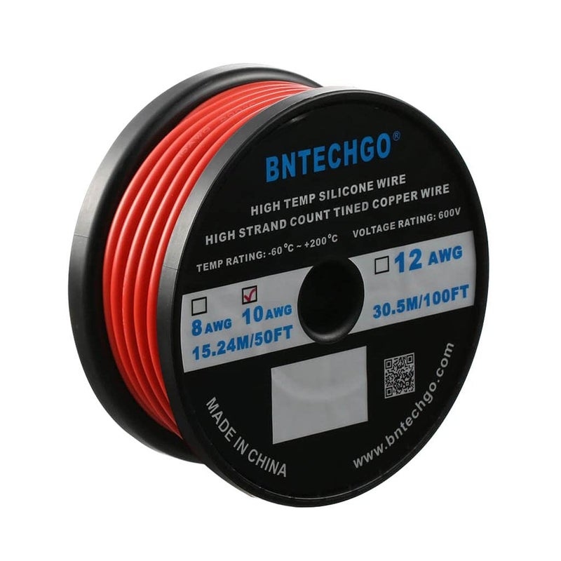 BNTECHGO 10 Gauge Silicone Wire Spool 50 ft Red Flexible 10 AWG Stranded Tinned Copper Wire - Image 1