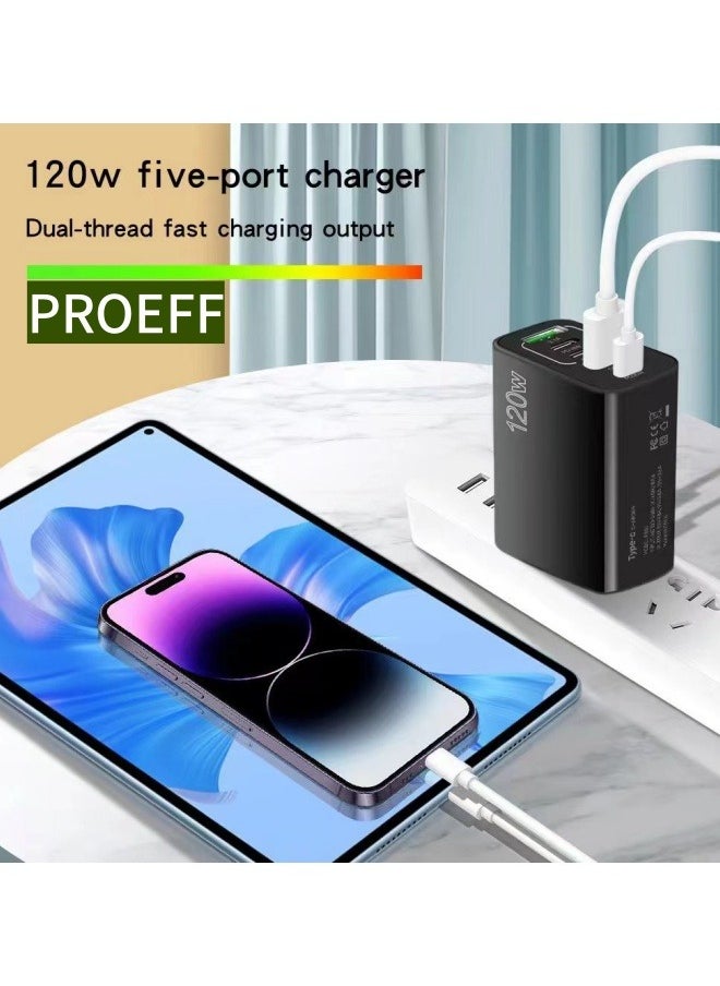 PROEFF 5 Ports USB C Fast Charger  PD 120W QC 3.0 Fast Wall Mains Power Delivery Adapte Black  - Image 2