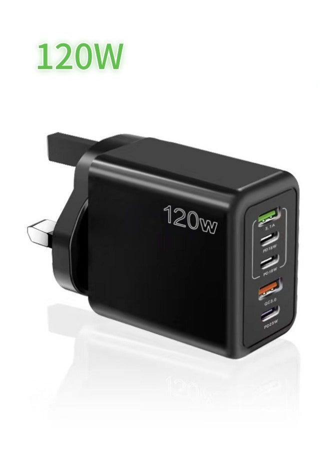 PROEFF 5 Ports USB C Fast Charger  PD 120W QC 3.0 Fast Wall Mains Power Delivery Adapte Black  - Image 1