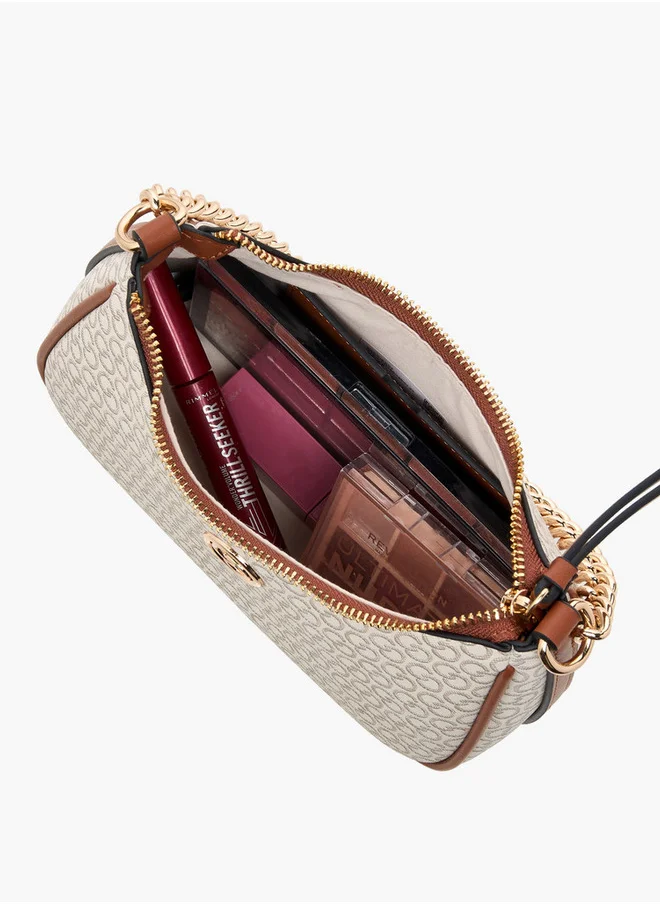 سيليست Monogram Print Cross Body Bag with Zip Closure and Detachable Strap
