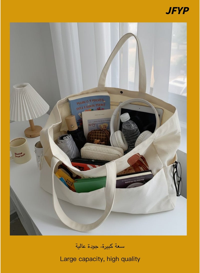 JFYP Women's single-shoulder canvas oversized tote bag with multiple pockets, casual messenger bag, suitable for office, travel, school, and everyday use. - Image 4