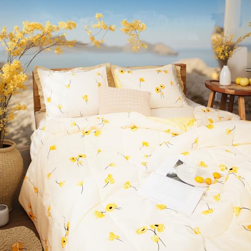 Bedorm Yellow Bedding Comforter Set Floral Plaid Reversible Comforter Queen Size Bed Set Flowers Pattern Cute Botanical Bed Comforter Set(Queen, Yellow) - Image 3