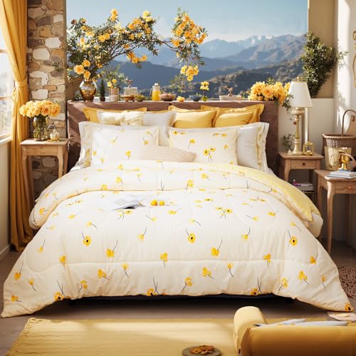 Bedorm Yellow Bedding Comforter Set Floral Plaid Reversible Comforter Queen Size Bed Set Flowers Pattern Cute Botanical Bed Comforter Set(Queen, Yellow) - Image 1
