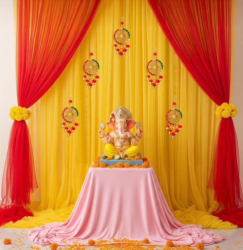 SpecialYou.in SpecialYou® Ganpati Decoration Setup for Home with Yellow and Red Curtains (7 * 3.5ft) & Chakra Latkan for Ganesh Chaturthi Decoration Items,Ganesh Chaturthi Decorations Setup-12Pcs - Image 5