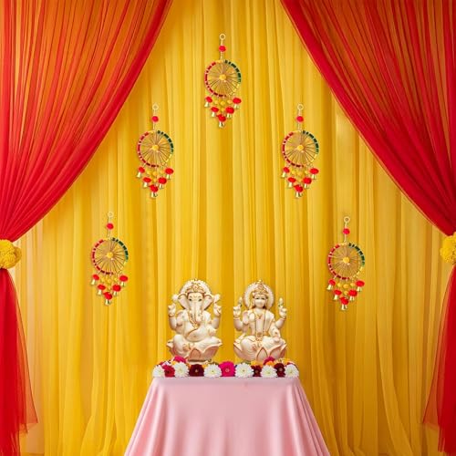 SpecialYou.in SpecialYou® Ganpati Decoration Setup for Home with Yellow and Red Curtains (7 * 3.5ft) & Chakra Latkan for Ganesh Chaturthi Decoration Items,Ganesh Chaturthi Decorations Setup-12Pcs - Image 1