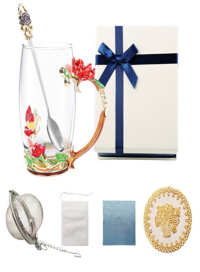 آيسيلي طقم أكواب شاي وقهوة مع ملعقة وقاعدة - أكواب كابتشينو لاتيه جميلة - أكواب زجاجية شفافة معزولة للمشروبات الساخنة والباردة - هدية فاخرة للأمهات (فراشة حمراء ووردة طويلة) - Image 1