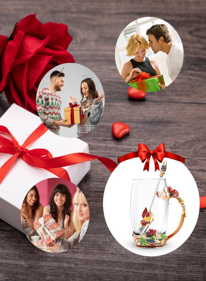 آيسيلي طقم أكواب شاي وقهوة مع ملعقة وقاعدة - أكواب كابتشينو لاتيه جميلة - أكواب زجاجية شفافة معزولة للمشروبات الساخنة والباردة - هدية فاخرة للأمهات (فراشة حمراء ووردة طويلة) - Image 2