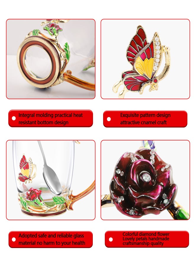 آيسيلي طقم أكواب شاي وقهوة مع ملعقة وقاعدة - أكواب كابتشينو لاتيه جميلة - أكواب زجاجية شفافة معزولة للمشروبات الساخنة والباردة - هدية فاخرة للأمهات (فراشة حمراء ووردة طويلة) - Image 5