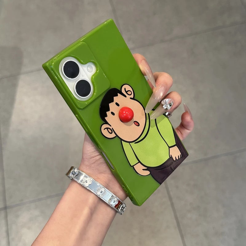 Apple iPhone 16 Phone Case, TPU Shockproof Fashionable Painted Cartoon 3D Nose Boy Drop-Proof Square Phone Case (Green)