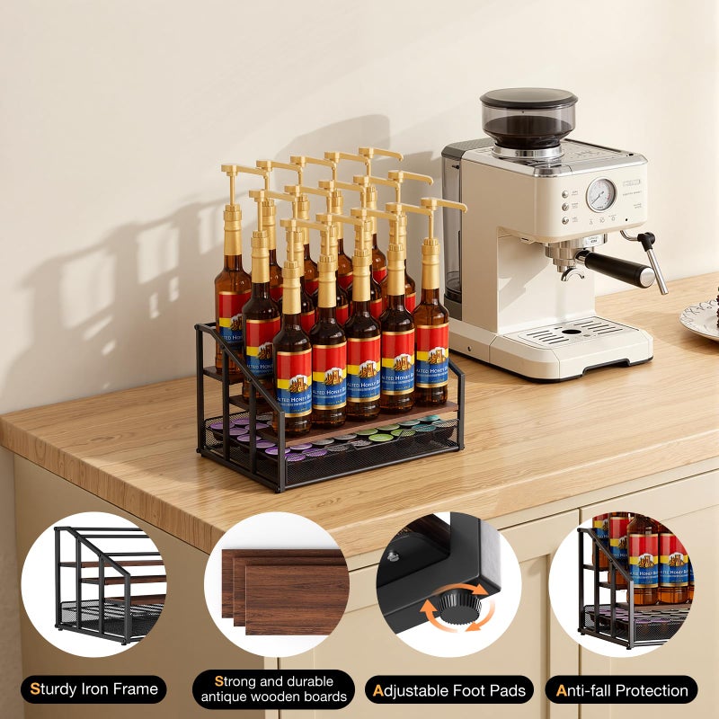 kimilus Coffee Syrup Rack Organizer, 4-Tier 12 Bottle Syrup Rack with 35 K Cup Drawer for Coffee Bar, Countertop Bottle Holder Stand for Dressing for Kitchen Cafe Station - Image 5