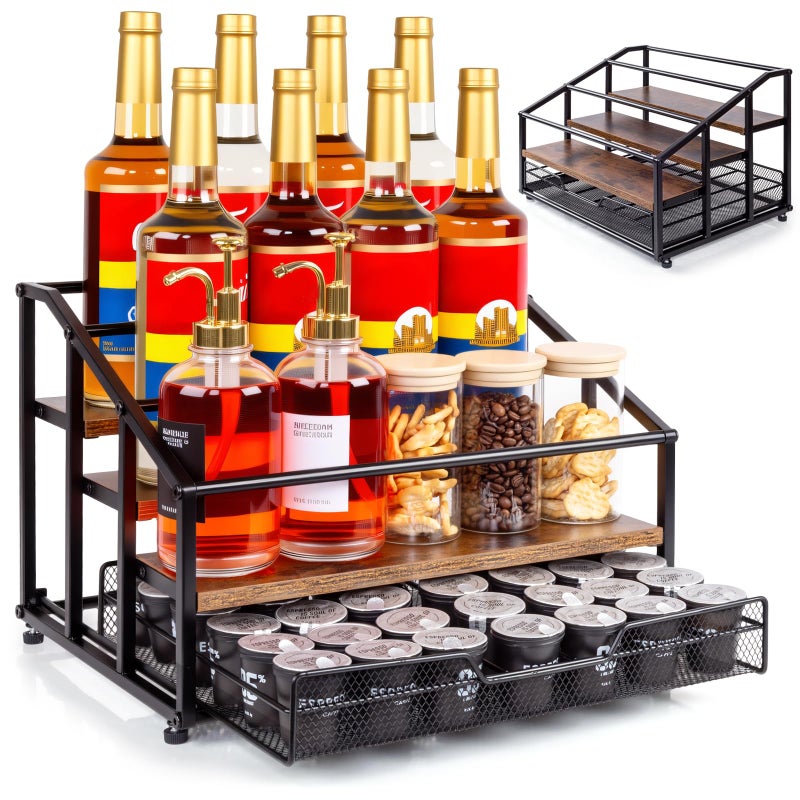 kimilus Coffee Syrup Rack Organizer, 4-Tier 12 Bottle Syrup Rack with 35 K Cup Drawer for Coffee Bar, Countertop Bottle Holder Stand for Dressing for Kitchen Cafe Station - Image 1