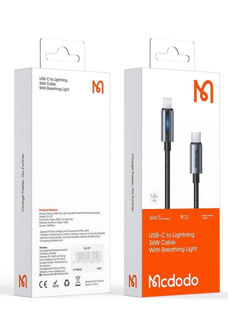 Mcdodo CA-5710 USB-C to Lightning Cable with 36W Flashing Light 1.2m Black - Image 1