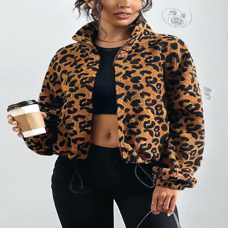سترة نسائية بفرو صناعي وطبعة نمر مع سحاب أمامي - Image 2