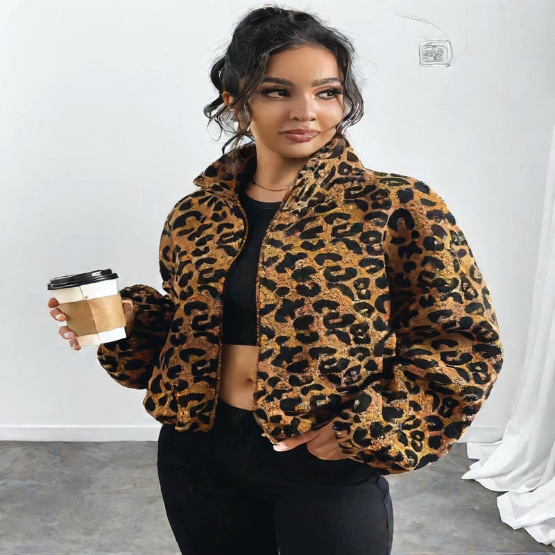 سترة نسائية بفرو صناعي وطبعة نمر مع سحاب أمامي - Image 1