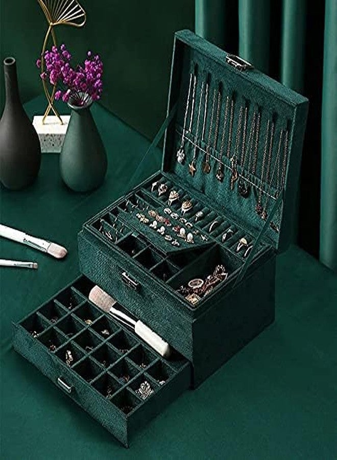 PRETOX Jewellery Organiser with Drawer 3-Layer Velvet Jewellery Boxes/Jewellery Storage Case with Lock for Rings, Necklace And Earrings/Wedding Birthday Gift Box for Women (Green) - Image 2