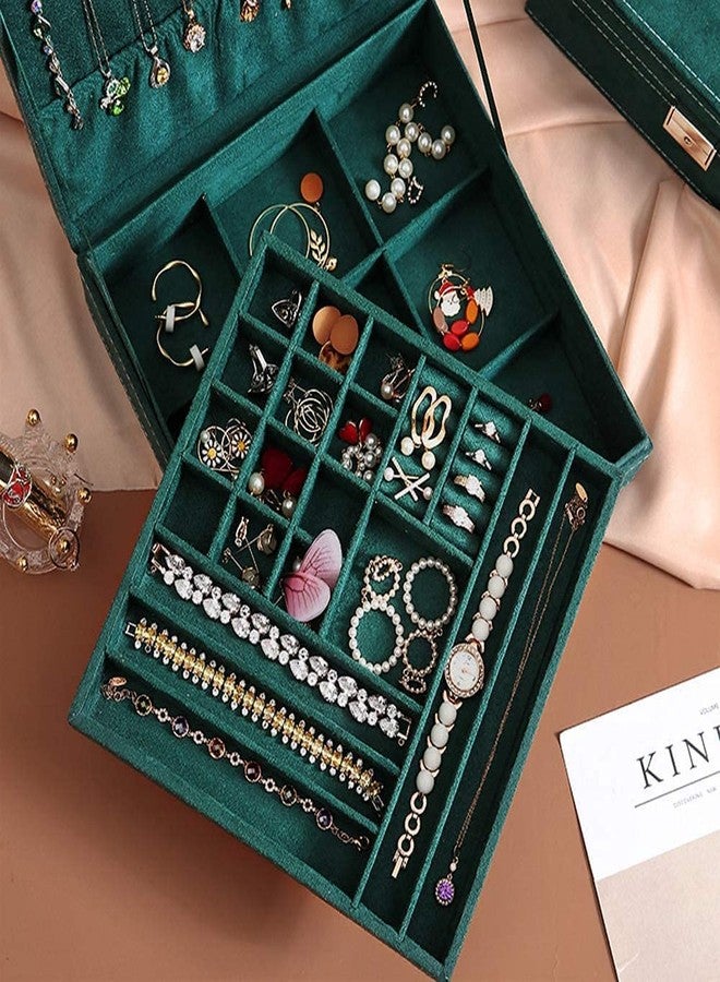 PRETOX Jewellery Organiser with Drawer 3-Layer Velvet Jewellery Boxes/Jewellery Storage Case with Lock for Rings, Necklace And Earrings/Wedding Birthday Gift Box for Women (Green) - Image 3