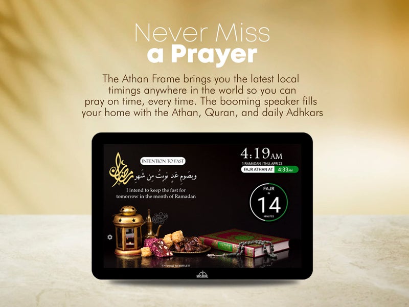 Masjidal 14" Digital Azan Clock with WiFi, Dynamic Touch Screen, Worldwide Prayer Times, Full Quran Player, Islamic Art, Streaming Halal Muslim Content: Duas, Dhikr, Hadith, Surah of The Day, Black - Image 3