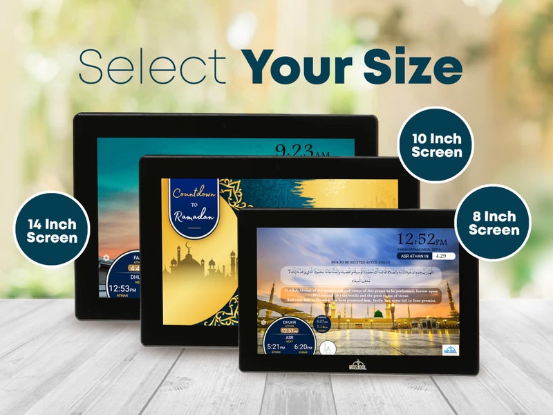 Masjidal 14" Digital Azan Clock with WiFi, Dynamic Touch Screen, Worldwide Prayer Times, Full Quran Player, Islamic Art, Streaming Halal Muslim Content: Duas, Dhikr, Hadith, Surah of The Day, Black - Image 2
