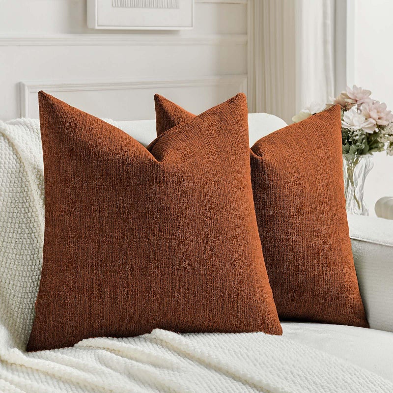 FUTEI Rust Chenille Decorative Throw Pillow Covers 18x18 Inch Set of 2,Soft Cozy Faux Linen Textured Cushion Case,Farmhouse Home Decor for Couch Living Room - Image 1