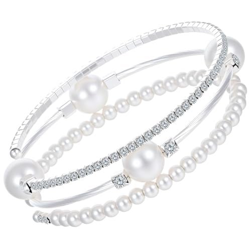 Plexaris Pearl Bracelet for Women, Adjustable Spring Bangle with Elegant Design, Silver Jewelry for Bridal Party Favors, Gifts - Image 1