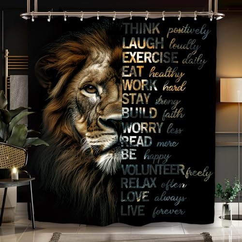 Miyotaa Lion Motivational Quotes Shower Curtain Set 60Wx71H Inches Black Inspirational Positive Wildlife Animal Cool Man Polyester Waterproof Cloth Bathroom Curtain with 12 Hooks - Image 1