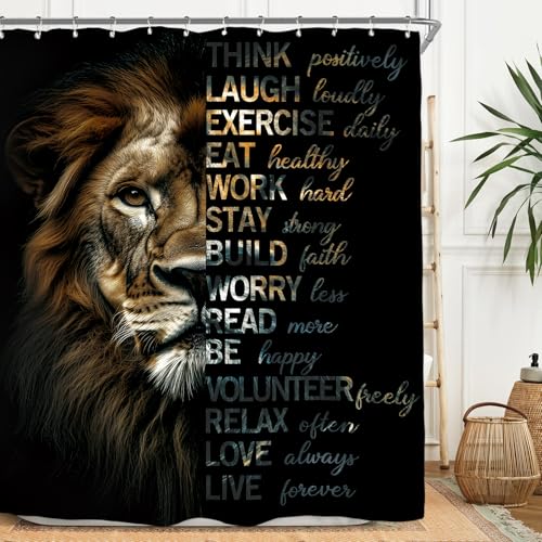 Miyotaa Lion Motivational Quotes Shower Curtain Set 60Wx71H Inches Black Inspirational Positive Wildlife Animal Cool Man Polyester Waterproof Cloth Bathroom Curtain with 12 Hooks - Image 3
