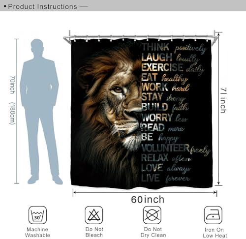 Miyotaa Lion Motivational Quotes Shower Curtain Set 60Wx71H Inches Black Inspirational Positive Wildlife Animal Cool Man Polyester Waterproof Cloth Bathroom Curtain with 12 Hooks - Image 4
