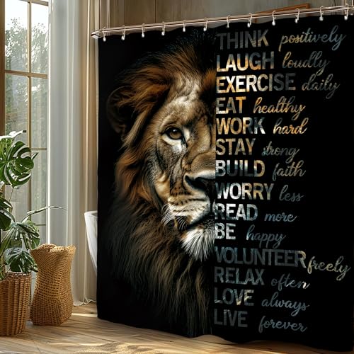 Miyotaa Lion Motivational Quotes Shower Curtain Set 60Wx71H Inches Black Inspirational Positive Wildlife Animal Cool Man Polyester Waterproof Cloth Bathroom Curtain with 12 Hooks - Image 2