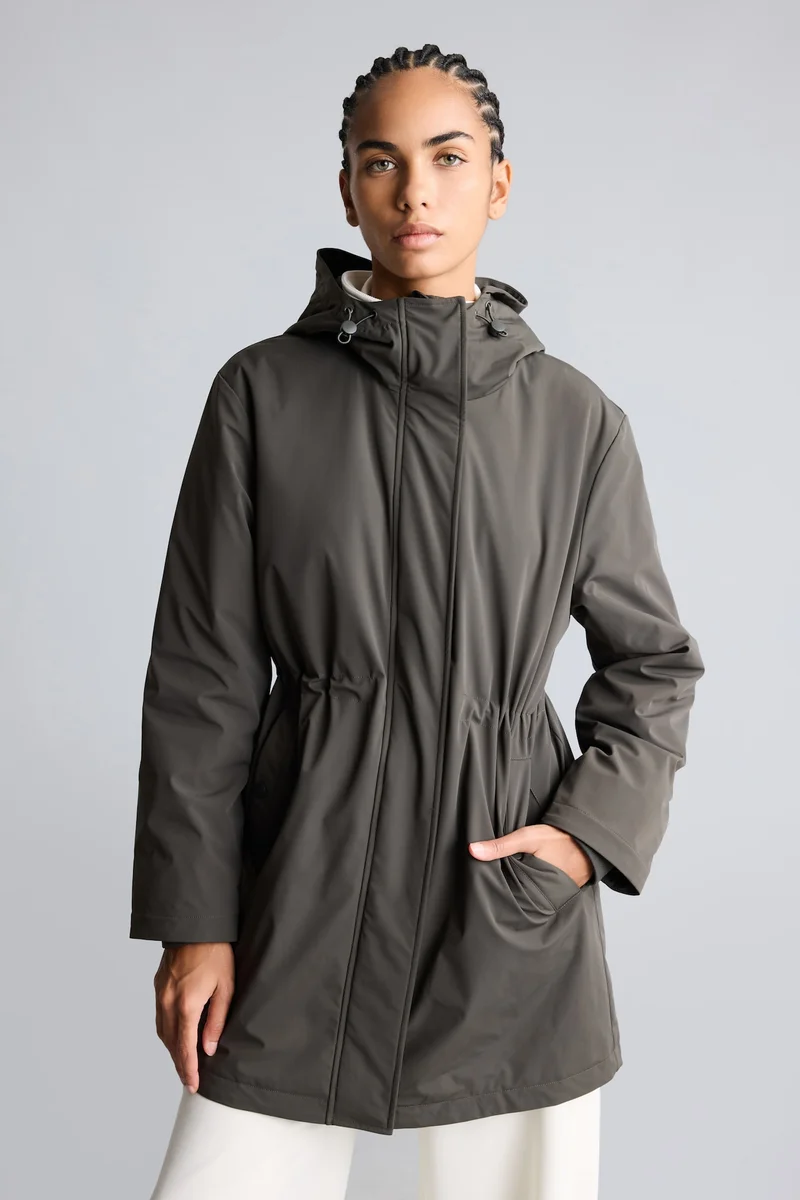 Regular Fit Gathered Waist Hooded Long Jacket