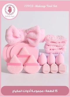 KHAJUL 15-Piece Spa Headband and Wristband Clean Set, Includes Makeup Sponges and Face Triangle Powder Puff Skincare Beauty Blender for Washing Face,Women Gift Set(Pink)  - Image 1