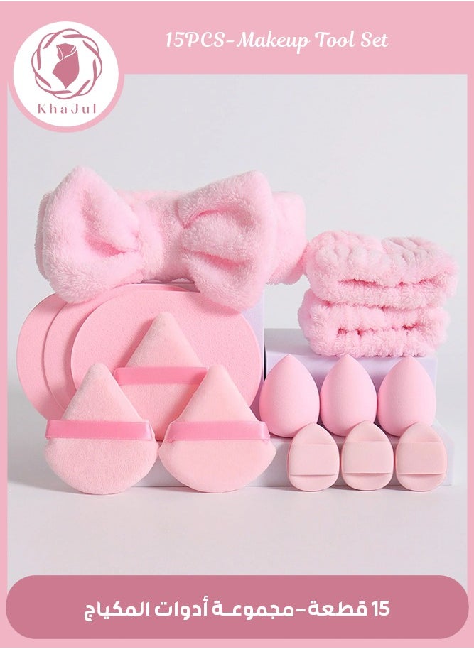 KHAJUL 15-Piece Spa Headband and Wristband Clean Set, Includes Makeup Sponges and Face Triangle Powder Puff Skincare Beauty Blender for Washing Face,Women Gift Set(Pink)  - Image 1