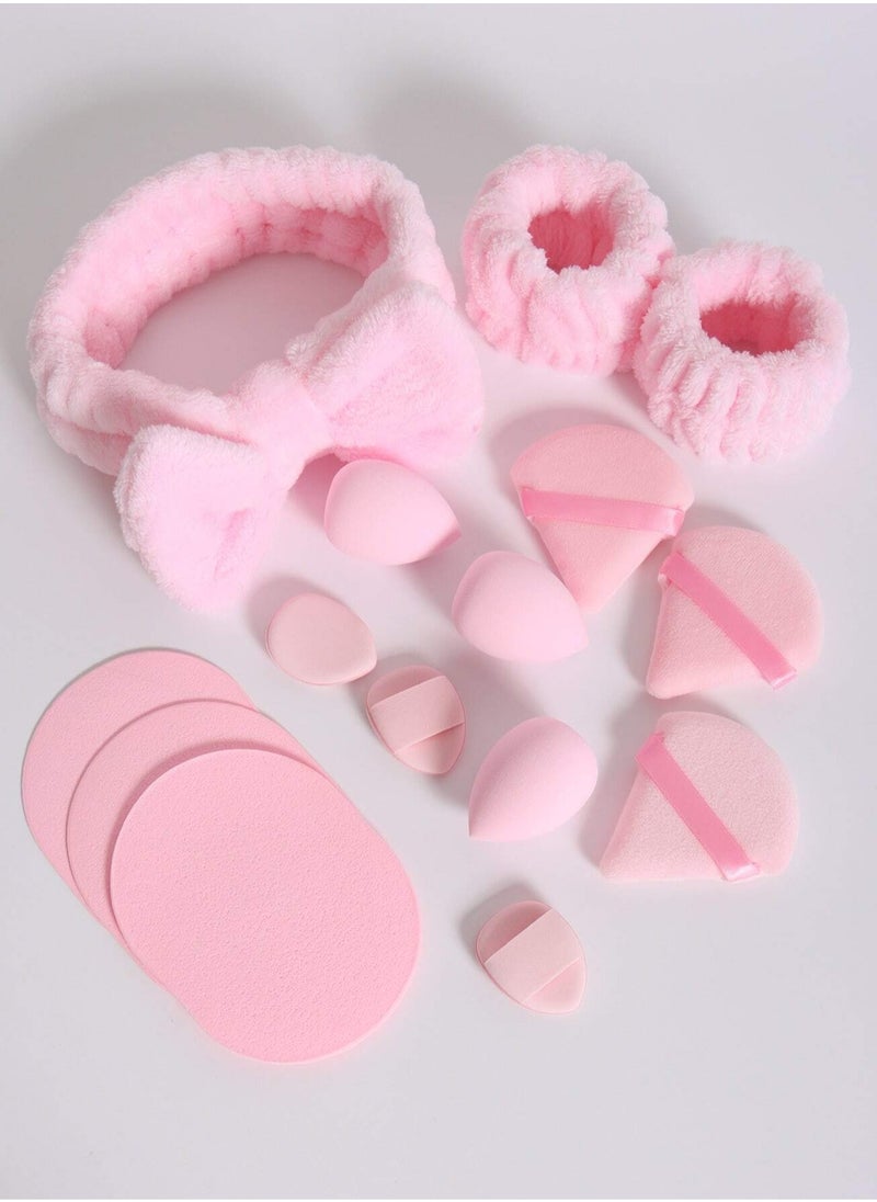 KHAJUL 15-Piece Spa Headband and Wristband Clean Set, Includes Makeup Sponges and Face Triangle Powder Puff Skincare Beauty Blender for Washing Face,Women Gift Set(Pink)  - Image 5