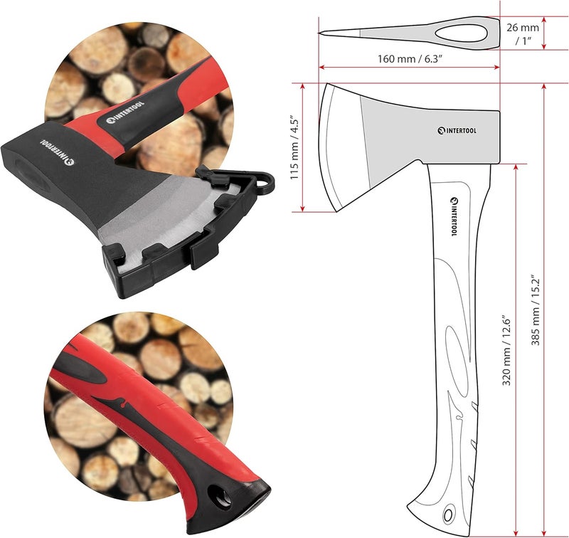INTERTOOL 15” Camping Hatchet Axe – Compact Wood Splitting Tool with Fiberglass Shock-Resistant Handle, Small Axe for Chopping Firewood, Kindling, and Survival Gear – HT-0262 - Image 3