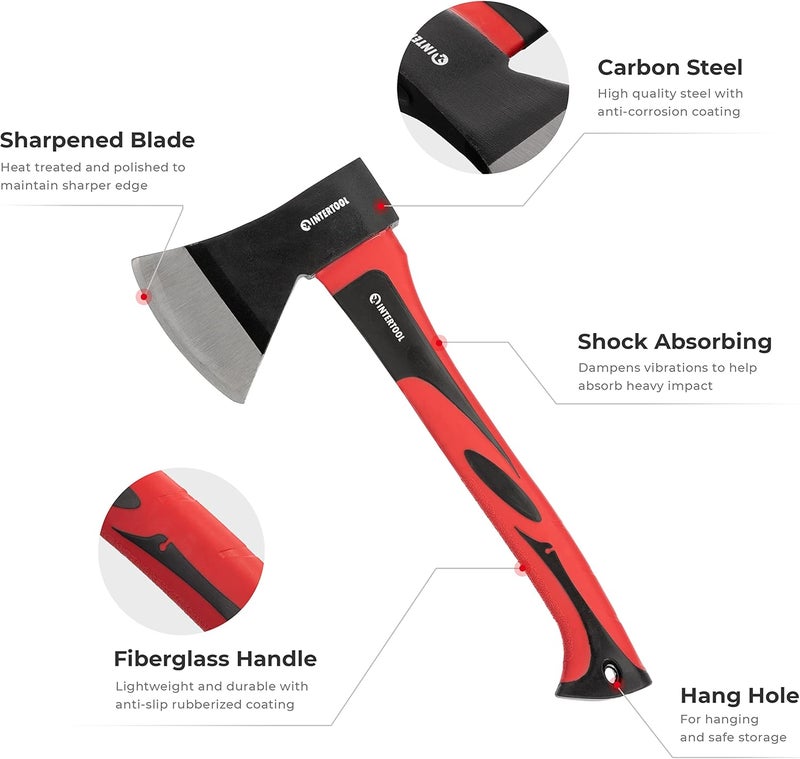 INTERTOOL 15” Camping Hatchet Axe – Compact Wood Splitting Tool with Fiberglass Shock-Resistant Handle, Small Axe for Chopping Firewood, Kindling, and Survival Gear – HT-0262 - Image 2