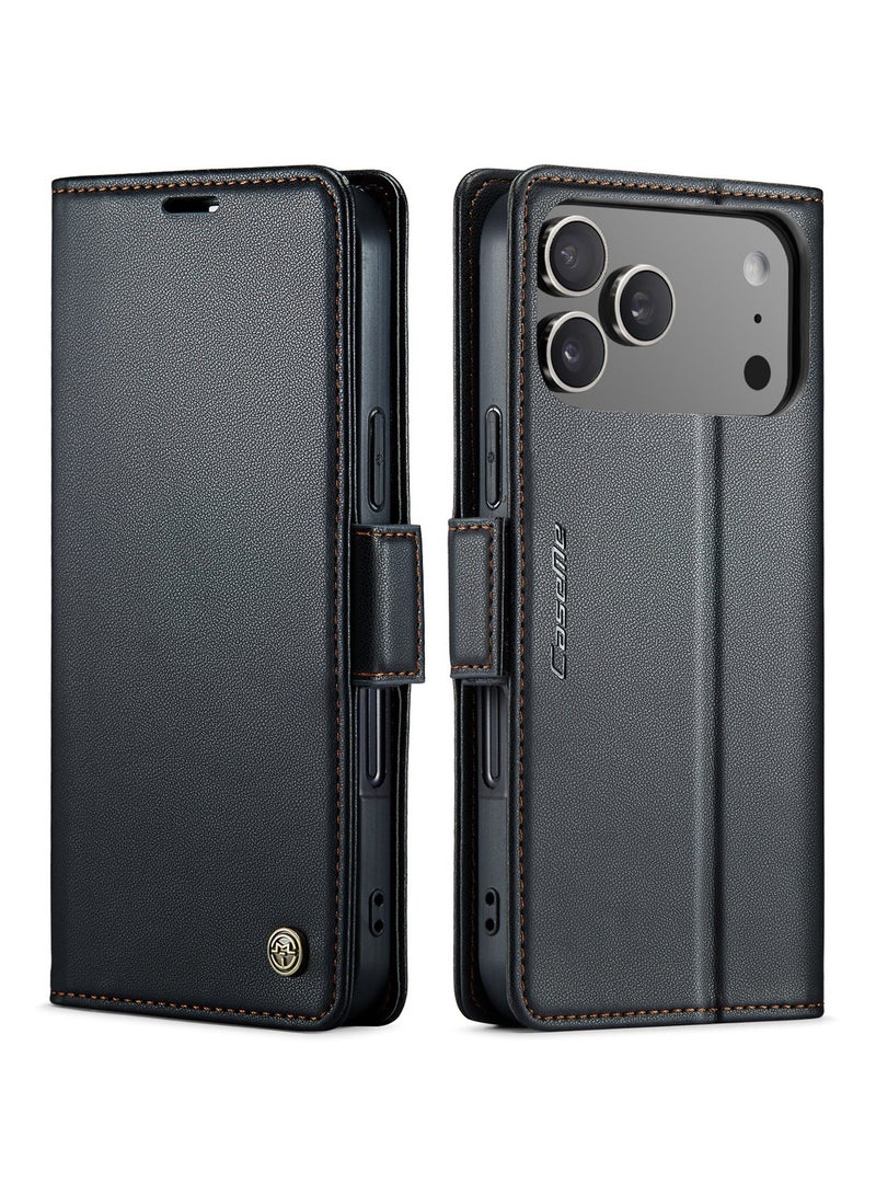 CaseMe Phone Case Luxury PU Leather Design Anti Fingerprint 023 Flip Cover Card Slot Holder Cover For IPhone 17 Pro Max (Black ) - Image 1