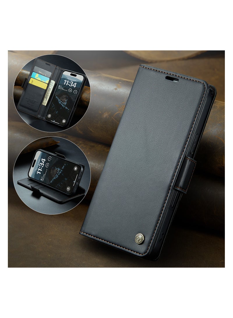 CaseMe Phone Case Luxury PU Leather Design Anti Fingerprint 023 Flip Cover Card Slot Holder Cover For IPhone 17 Pro Max (Black ) - Image 2
