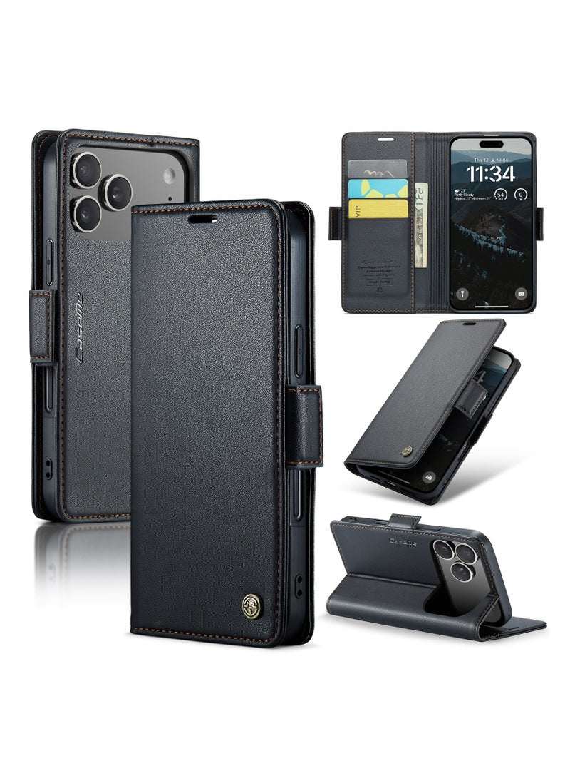 CaseMe Phone Case Luxury PU Leather Design Anti Fingerprint 023 Flip Cover Card Slot Holder Cover For IPhone 17 Pro Max (Black ) - Image 4