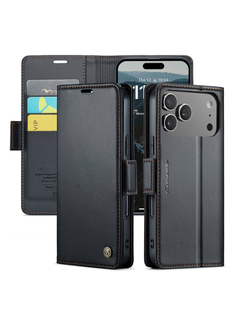 CaseMe Phone Case Luxury PU Leather Design Anti Fingerprint 023 Flip Cover Card Slot Holder Cover For IPhone 17 Pro Max (Black ) - Image 3