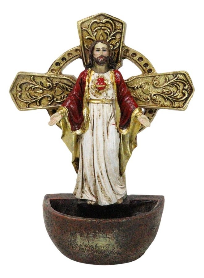 Ebros Gift Holy Golden High Cross Sacred Heart of Jesus Wall Mounted Or Desktop Dresser Plaque Holy Water Font Catholic Church Themed Religious Sacrament Accent Decor Figurine - Image 1