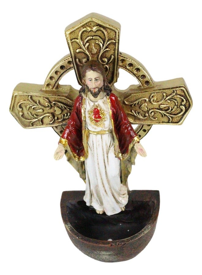 Ebros Gift Holy Golden High Cross Sacred Heart of Jesus Wall Mounted Or Desktop Dresser Plaque Holy Water Font Catholic Church Themed Religious Sacrament Accent Decor Figurine - Image 4