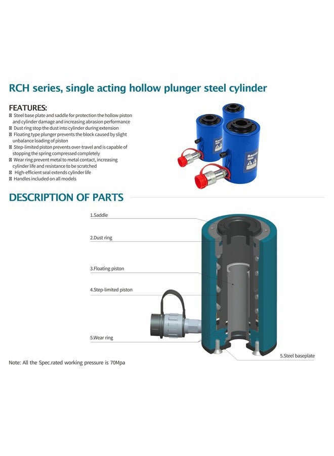 AMZCNC 30T Hydraulic Cylinder Jack Hollow Single Acting Hydraulic Ram Cylinder 2"(50mm) Hollow Hydraulic Lifting Cylinders - Image 3